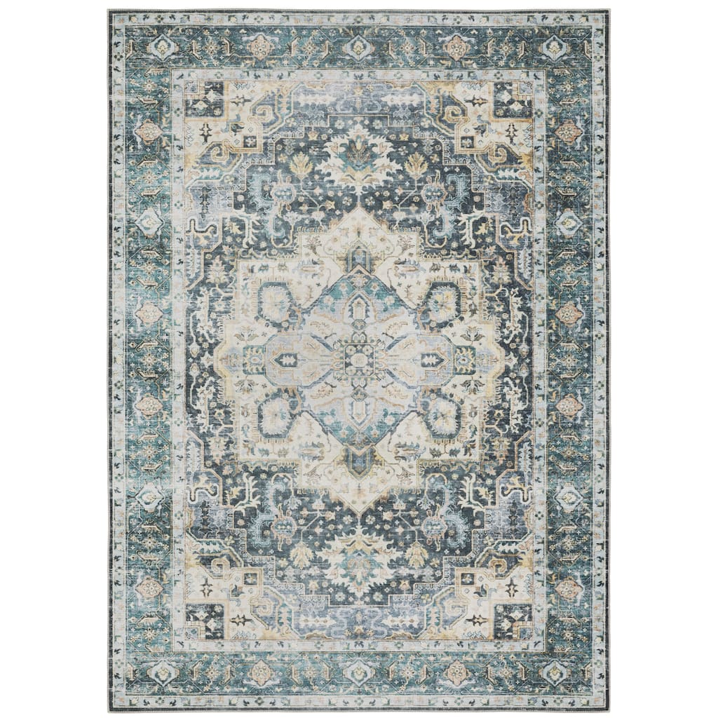 Clarksville Blue Ivory Non-Skid Oriental Distressed Washable Traditional Area Rug