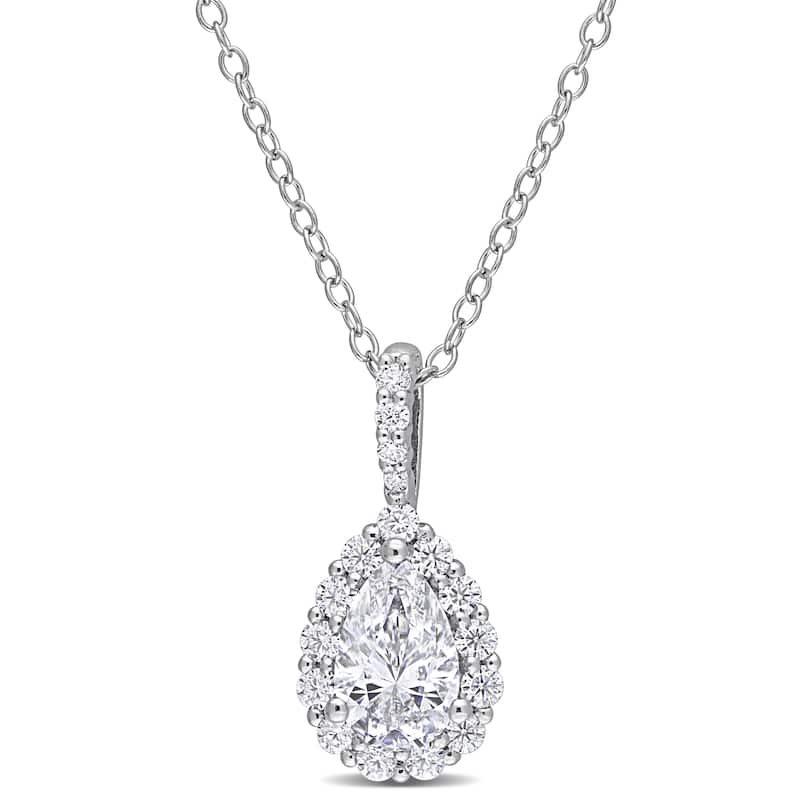 Miadora 1 1/3ct DEW Pear-cut Moissanite Halo Teardrop Necklace in Sterling Silver