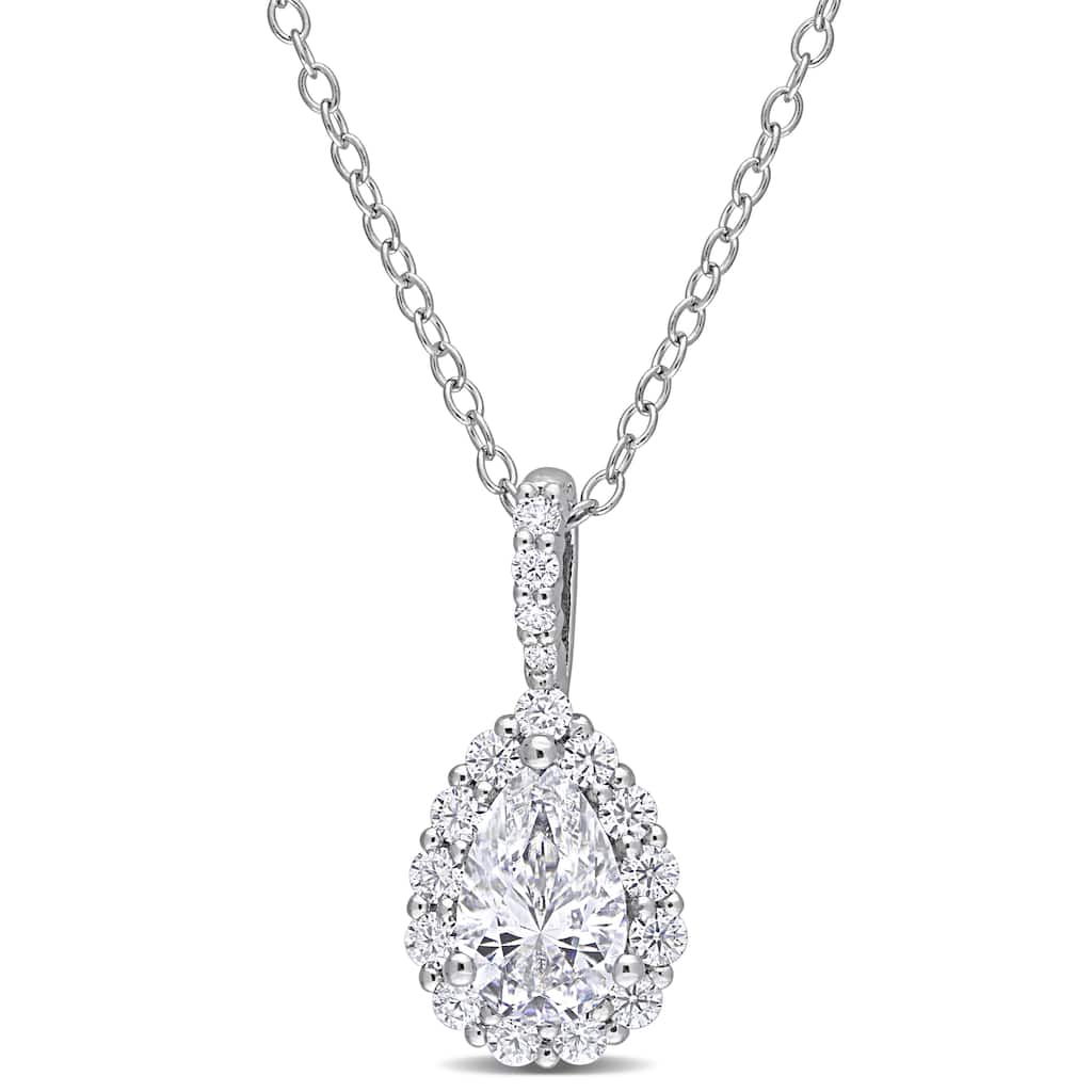 Miadora 1 1/3ct DEW Pear-cut Moissanite Halo Teardrop Necklace in Sterling Silver