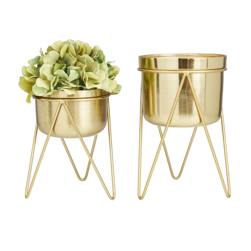 Metal Indoor Outdoor Planter with Removable Stand - Set of 2 Silver, Dark Gray, Gold - CosmoLiving by Cosmopolitan