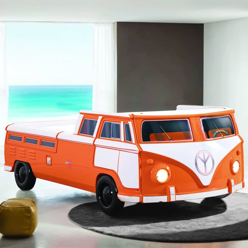 Furniture of America Bobby Novelty Twin Peace Bus Kid Platform Bed with LED Headlights and Sound Functions - Orange