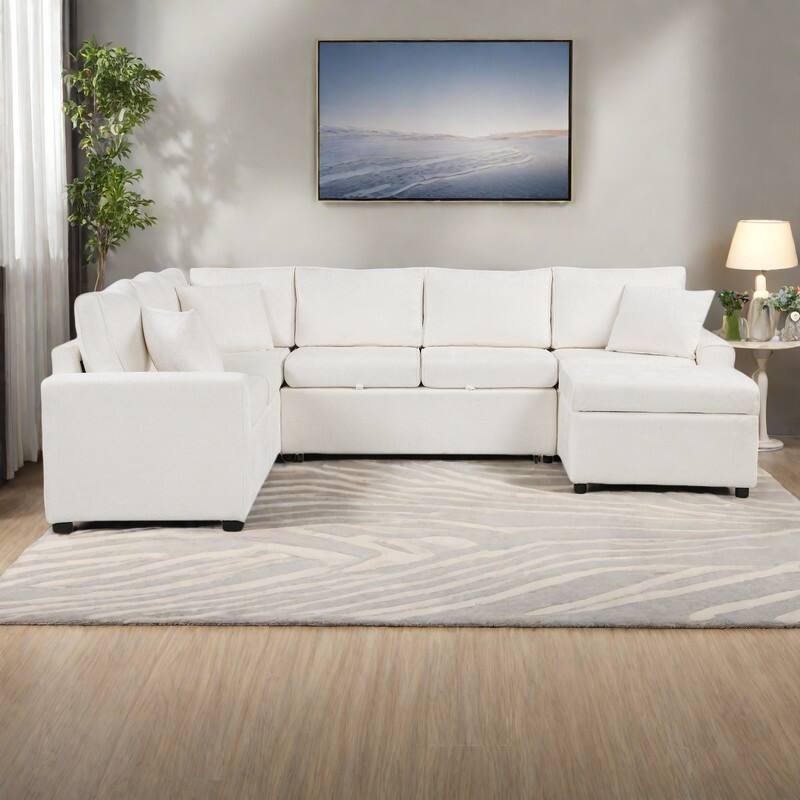 112.2" Chenille Sectional Sleeper Sofa 6-Seat Pull-Out Bed with Storage Ottoman and Charging Ports - Cream
