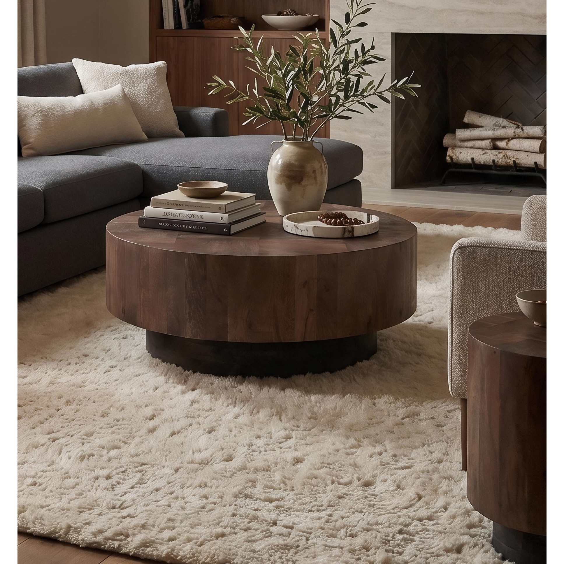 Caden Round Solid Wood Coffee Table with Geometric Top