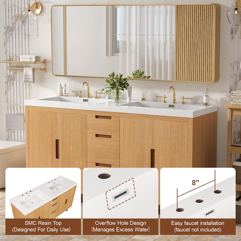 59.3" Bathroom Vanity with 4 Doors & 3 Drawers, Handle-Free Design, Soft-Close Hinges, Hidden Drawer Slides, SMC Resin Top