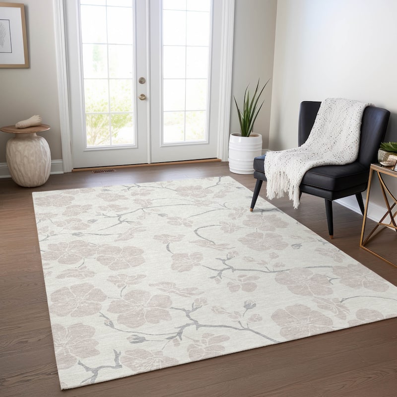 Machine Washable Indoor/ Outdoor Calm Floral Chantille Rug - Ivory - 2'6" x 3'10"