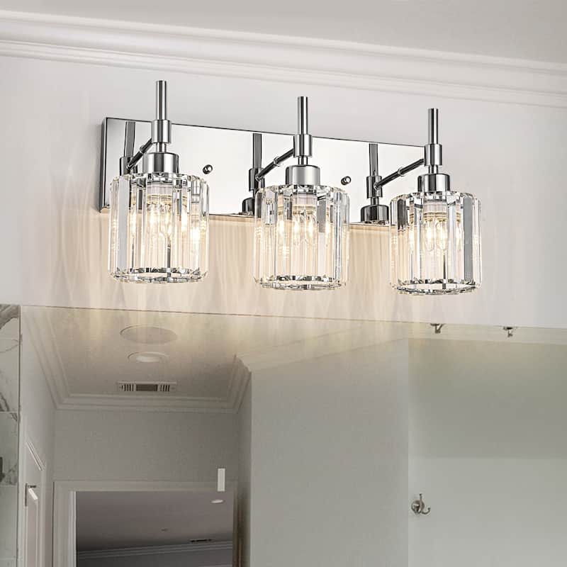 Modern Dimmable Crystal Bathroom Vanity Light Wall Sconces with Crystal Shades - 3 - Light - Chrome