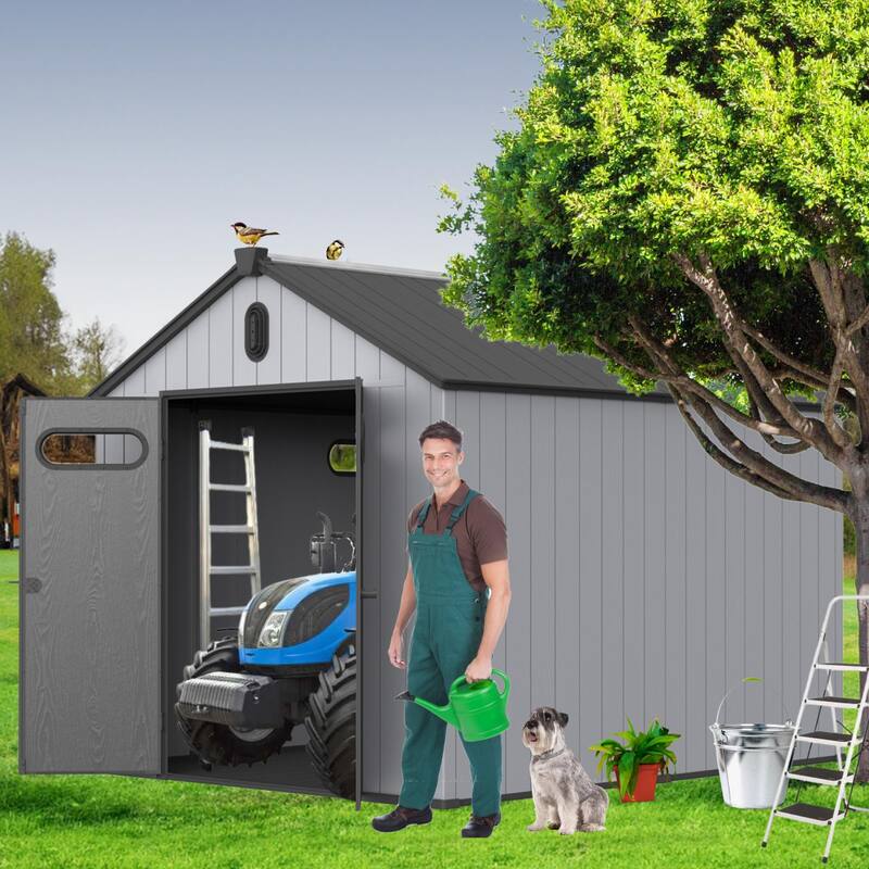 Plastic Outdoor Shed with Double Wall Panels & Rain Gutter Weatherproof Storage Shed, Hinged Double Doors