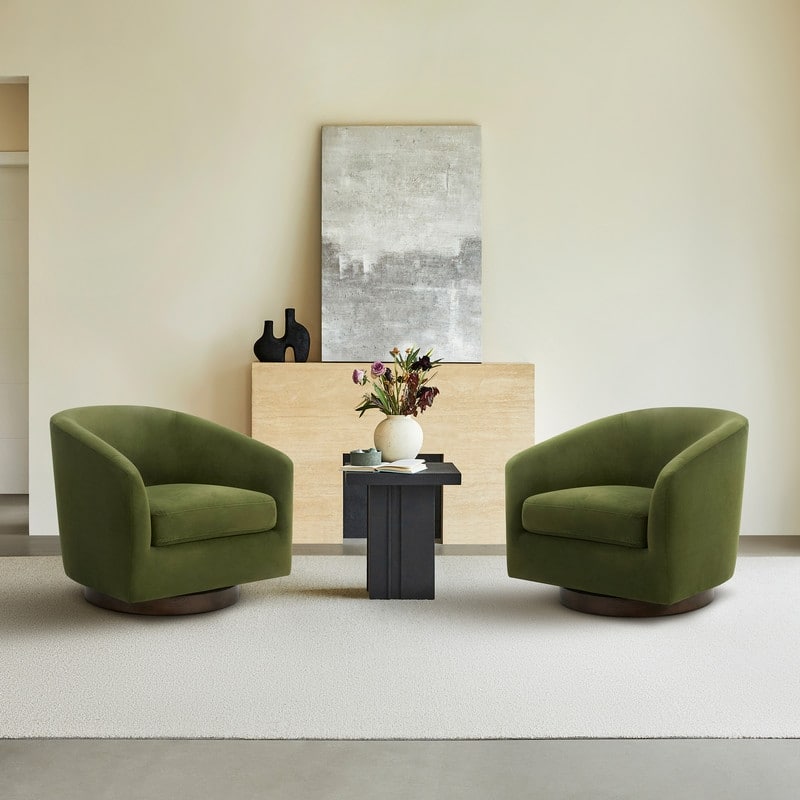 Spruce & Spring 360° Swivel Accent Chair with Solid Wood Base and Padded Seat - Set of 2 - Green-Velvet