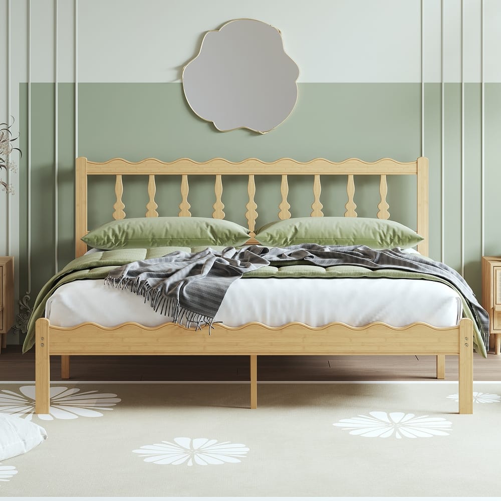 Solid Bamboo Bed Frame with Headboard, Heavy Duty Metal Slat Support, Easy Assembly