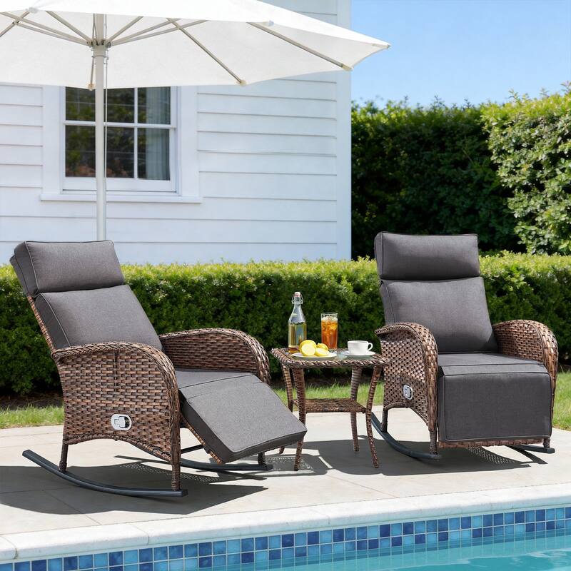 Pocassy Patio Rocker Chaise Lounge Chairs with Adjustable Backrest Set. - Brown Wicker with Gray Cushion - 3 Piece Rocker Recliner Chair with Side Table
