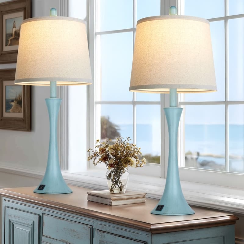 Set of 2 Modern 26-Inch Table Lamps with Dual USB Charging Ports and Oatmeal Fabric Shades - 12'' x 12'' x 27.5''