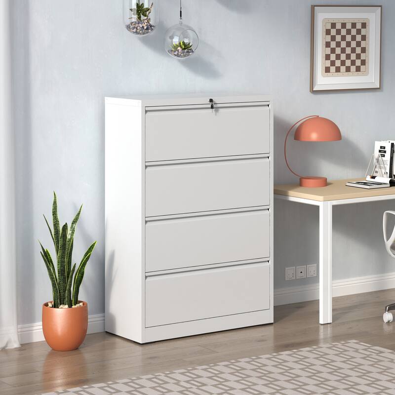 Modern File Cabinet, Lateral File Cabinet Lockable File Cabinet with 4 Drawers, for Home Office, White