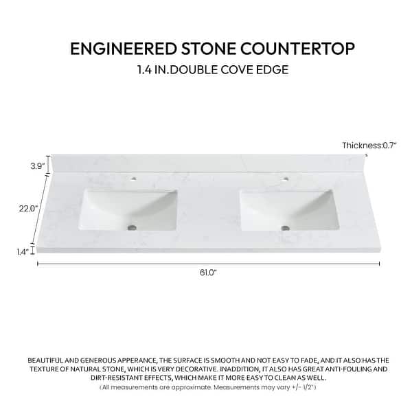 dimension image slide 4 of 22, Malaga Composite Stone Vanity Top with White Rectangular Sink