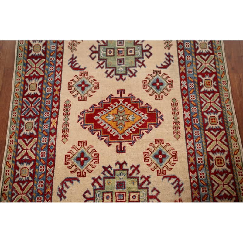 Geometric Beige Kazak Accent Rug Hand-Knotted Wool Carpet - 3'3" x 5'1"