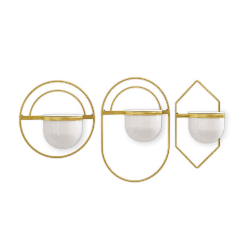 HomeRoots Set of Three Gold And White Metal 10 Ounce Wall Planters - 10' X '16' X '6