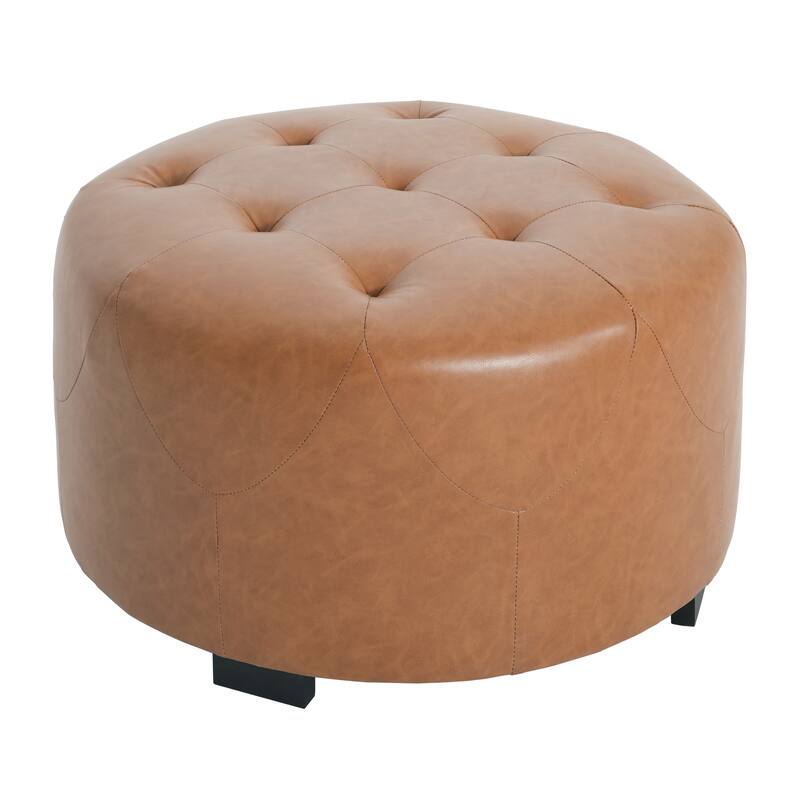Small Button-Tufted PU Round Ottoman - Orange Brown Space-Saving Design