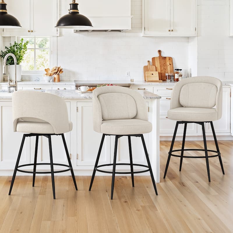 26 Inch Modern Upholstered Bar Stools, Swivel Metal Bar Stools Set Of 2/3/4, Bar Stools For Kitchen Island - Linen - Set of 3