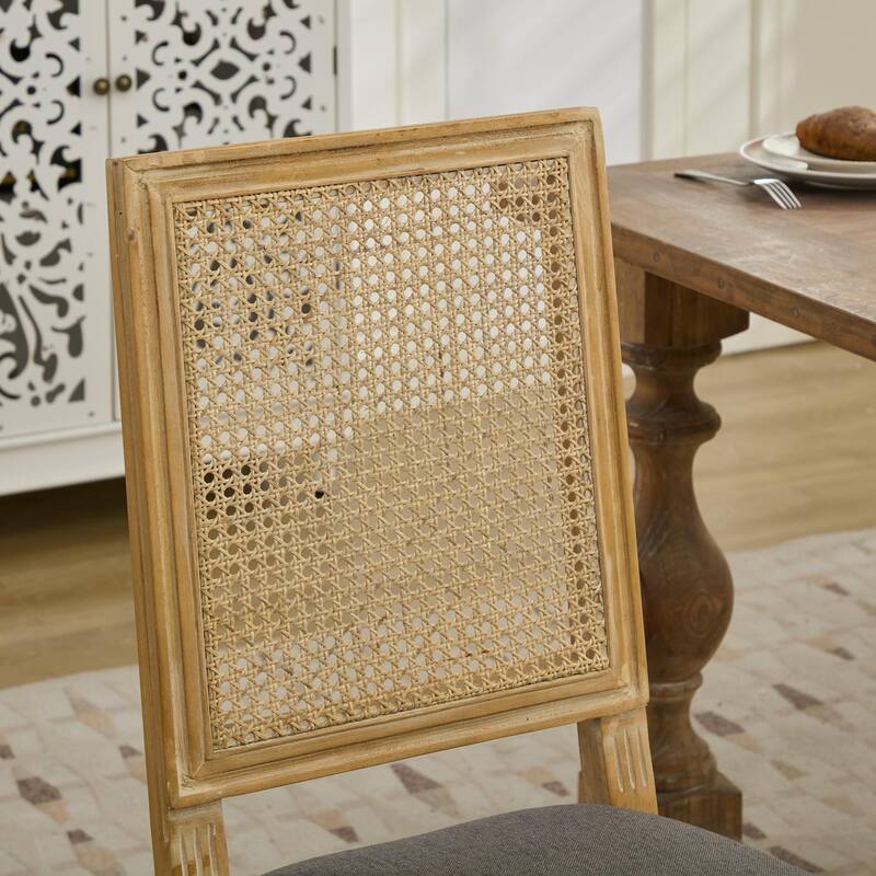 Roomfitters French Dining Chairs Set of 2, Solid Wood Louis Style with Rattan Back and Linen Upholstered Seat