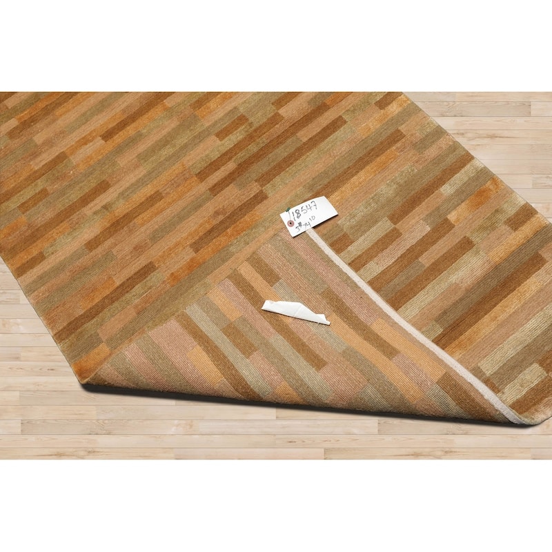 Hand Knotted Stripes Gold Wool & Silk Modern Oriental Area Rug - 3' x 4' 10''