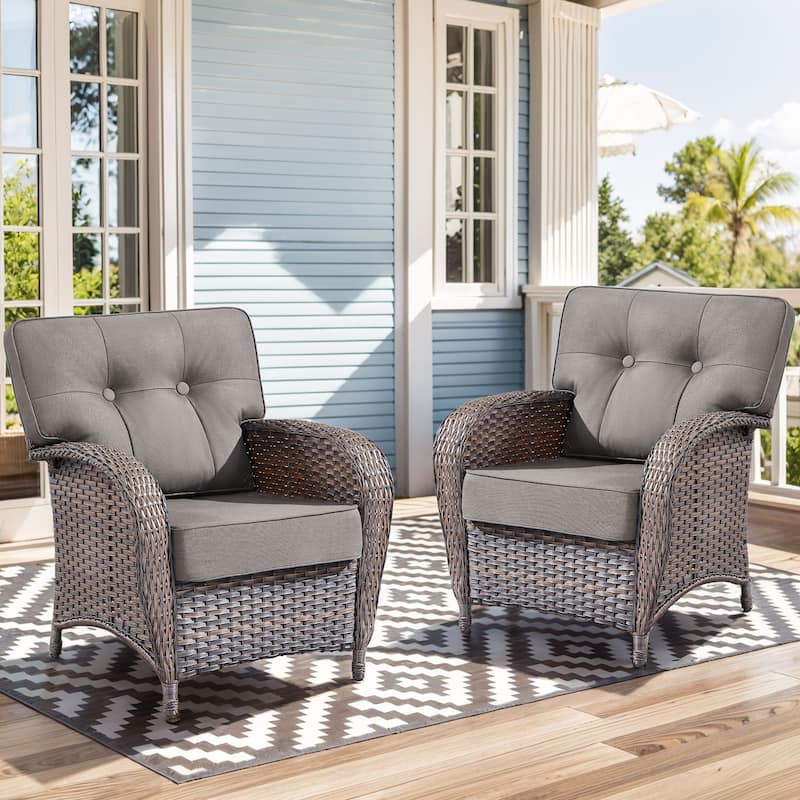 2 Pieces Outdoor All Weather Patio Chairs - Brown Wicker & Red Cushion