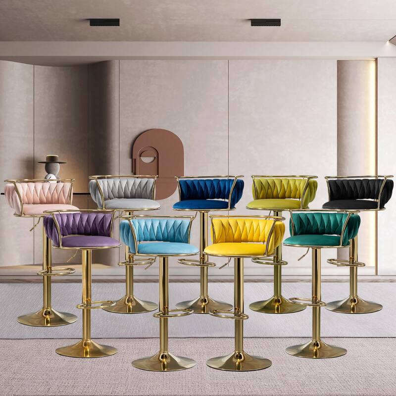 2 Set Velvet Swivel Adjustable Bar Stools with Footrest