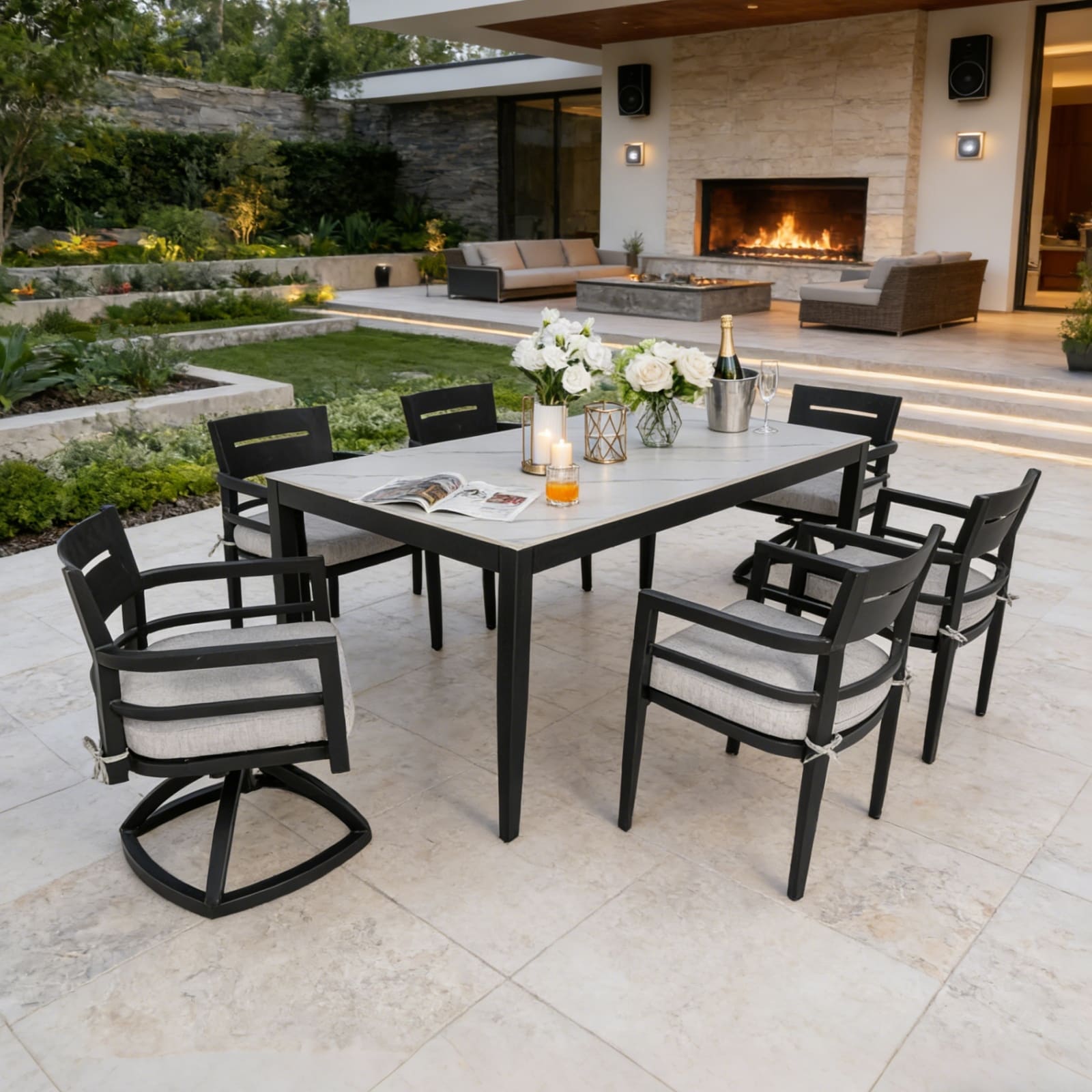 7-Piece Outdoor Rectangular Aluminum Dining Set with 4 Chairs, 2 Swivel Rockers and Sunbrella Cushions