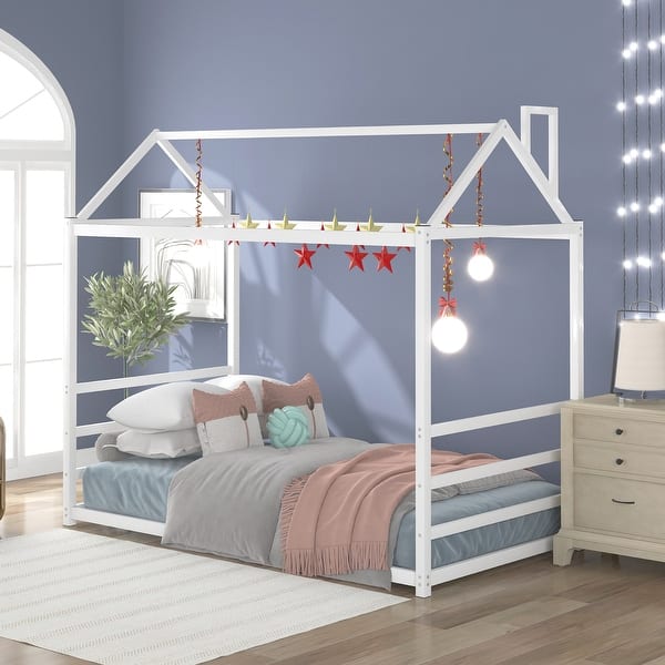 slide 2 of 12, House Platform Twin Bed with Roof and Chimney Design, Sturdy Metal Frame White