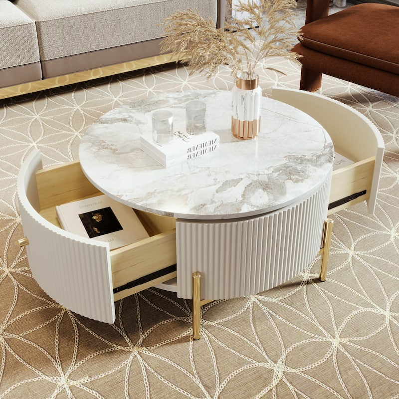 Roomfitters Modern Round Marble Coffee Table with Storage, Gold Metal Legs, 2 Hidden Compartments 31.5"