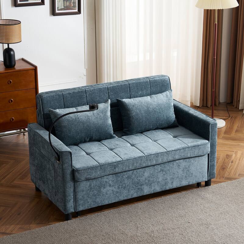 Roomfitters Loveseat Pull-Out Sofa Bed with Reversible Backrest Cushion, Side Pockets, USB Ports, and Phone Holder