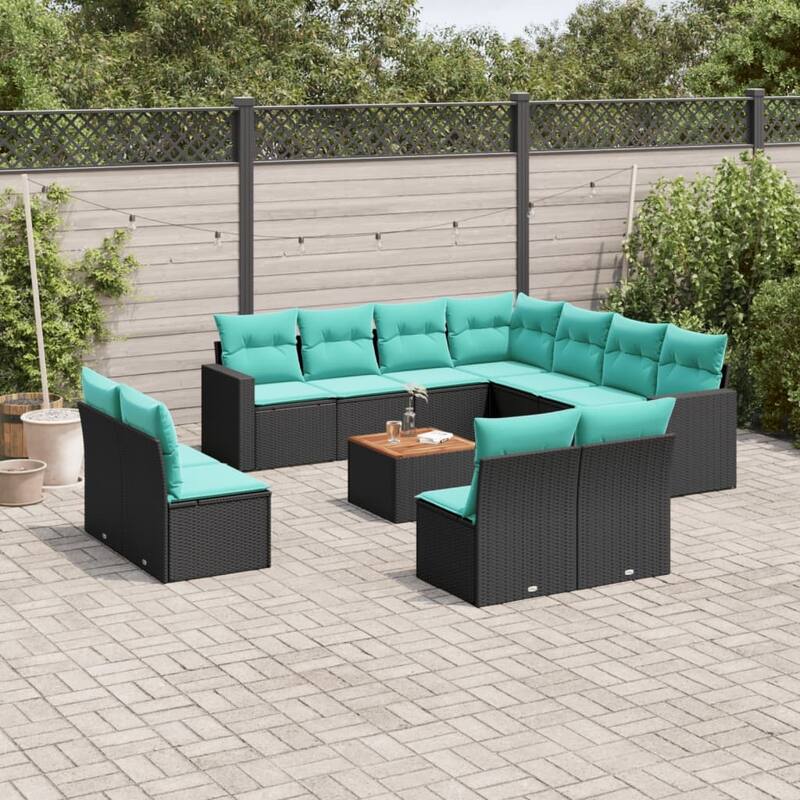 vidaXL Patio Sofa Set with Cushions Outdoor Furniture 12 Piece Poly Rattan - 25.8x 24.4x 27.2 - Black and Blue