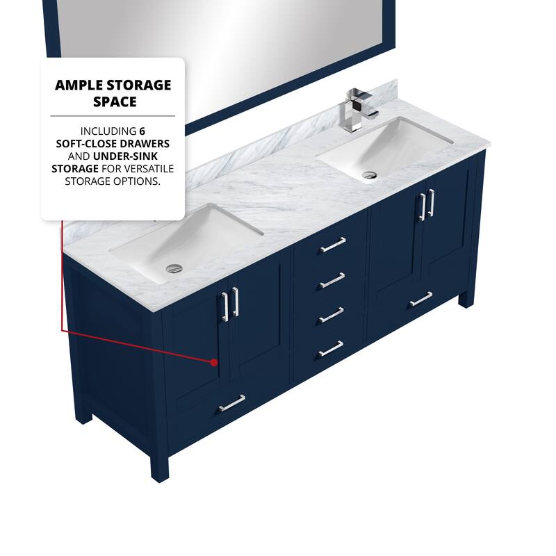 Jacques 72 in. W x 22 in. D Navy Blue Double Bath Vanity, Carrara Marble Top, Faucet Set, and 70 in. Mirror