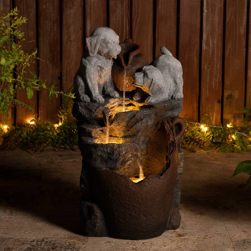 Glitzhome 4-Tiered Dogs or Elephant and Pot Polyresin Outdoor Fountain with Pump and LED Light
