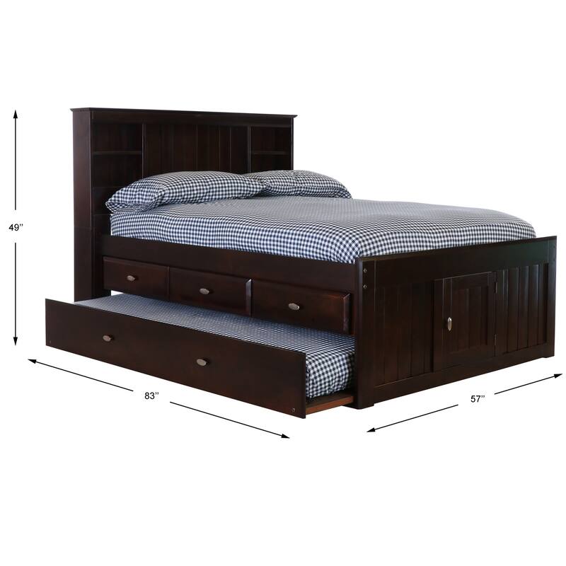 Full Size Bookcase Bed with Trundle - 3 Drawers, Dark Espresso Finish - Space Saving Bed Frame