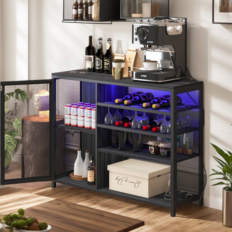 Modern Bar Sideboard Buffet Storage Cabinet with LED Lights and USB Socket, Black Wine Bar Cabinet - 43.31In*13.78in*32.87in