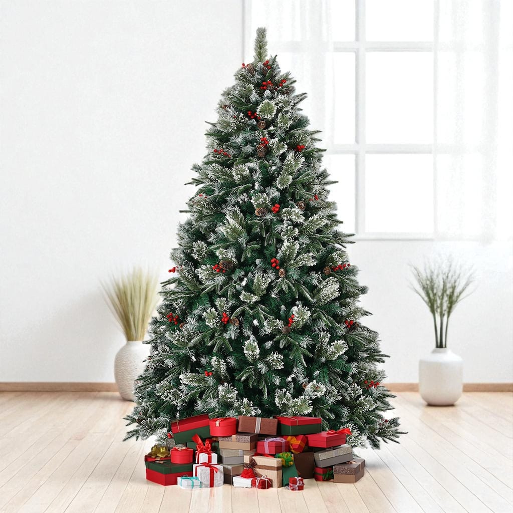 8ft Snow Frosted Artificial Christmas Tree with 1550 Tips, Pinecones, Berries and Metal Stand