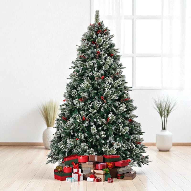 8ft Snow Frosted Artificial Christmas Tree with 1550 Tips, Pinecones, Berries and Metal Stand - Green
