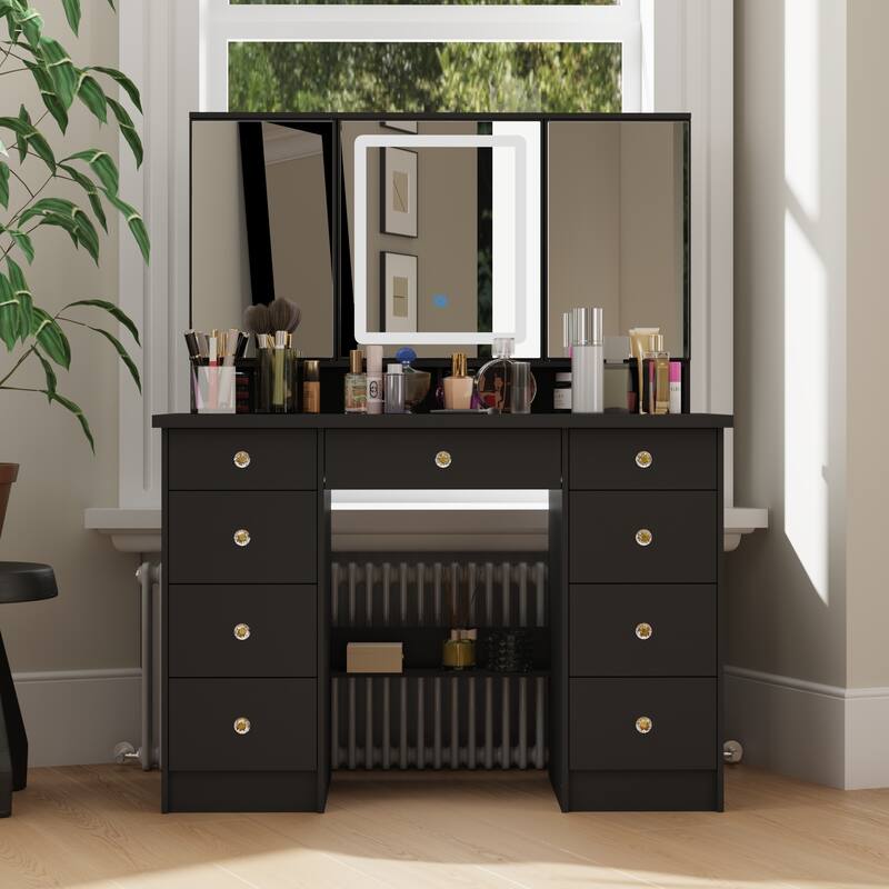 9-Drawer Vanity Set with Crystal Pulls and Versatile Mirror Lighting