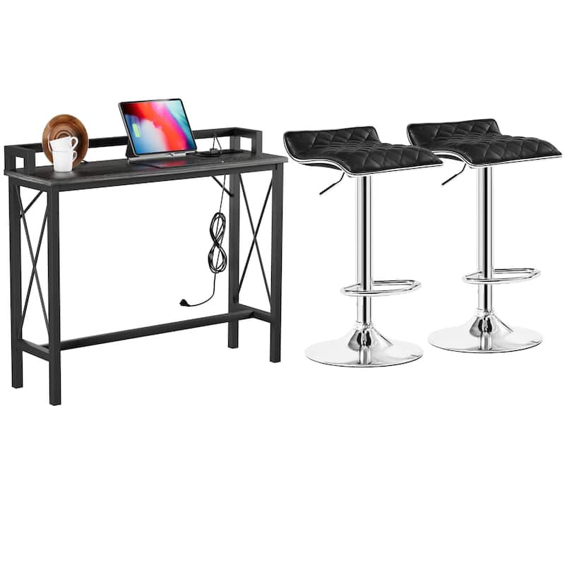 5-Pieces Console Table with Bar Stools Set, with 2 Outlet and 2 USB Ports, Dining Table Sets for Breakfast Nook - 100CM - Black+Bar Stool*2