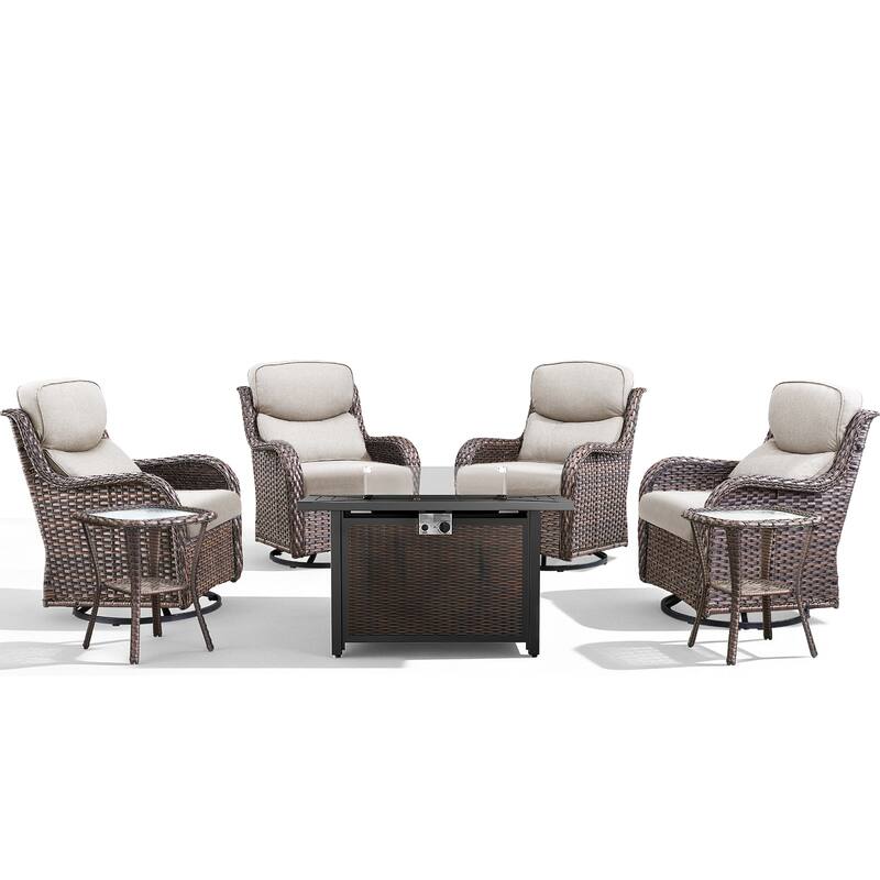 Meyreso 7-Piece Outdoor Patio Wicker Fire Pit 4 person Conversation Set with 5-Inch Thick Cushions