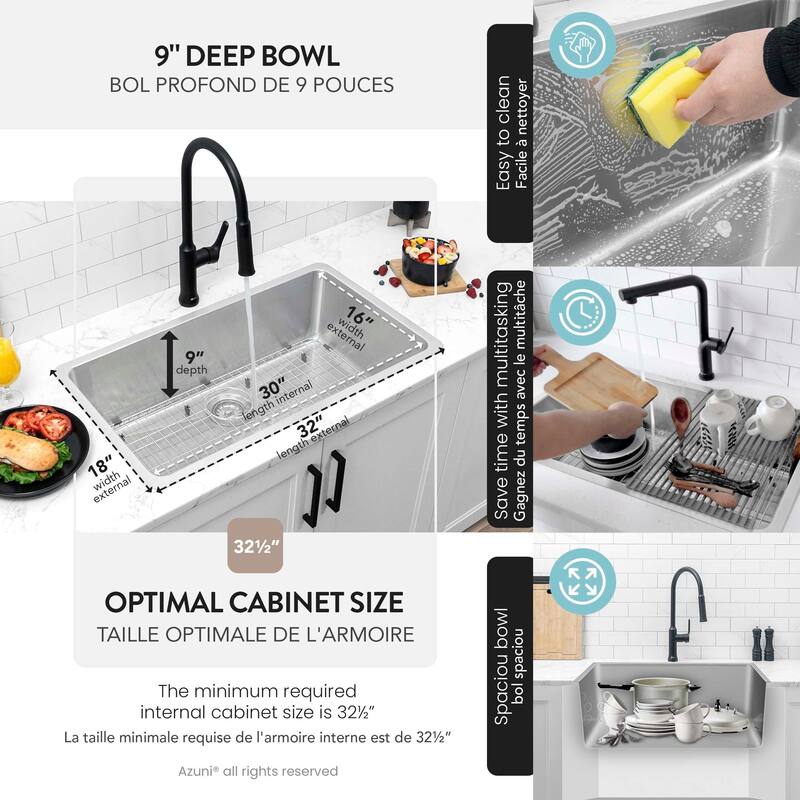 AZUNI Dual Mount 32" Single-Bowl Stainless Steel Kitchen Sink C132 - 32" x 18" x 9"