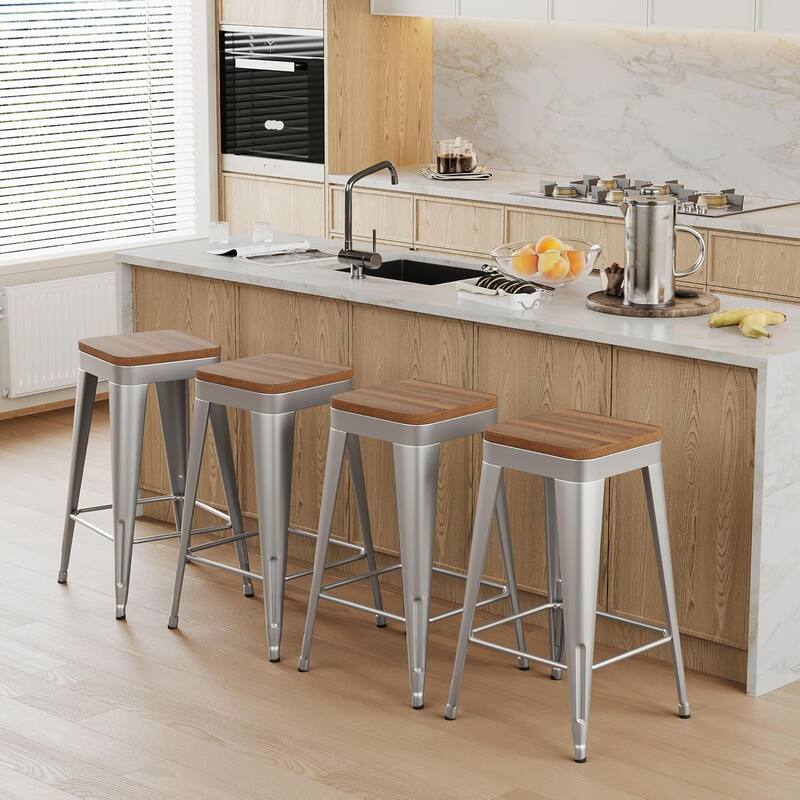Counter Stools with Metal Frame Backless Counter Height Bar stools 24" Seat Height Kitchen Bar Furniture Stools with Wooden Seat