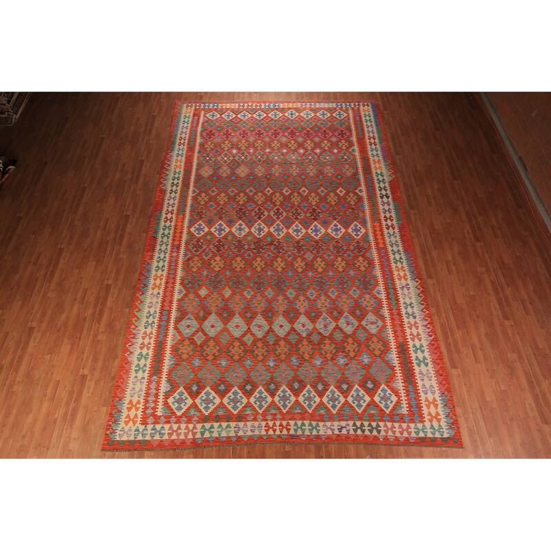Orange Geometric Kilim Oriental Large Rug Flatweave Wool Carpet - 10'1" x 16'3"