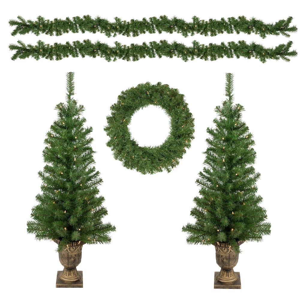 5-Piece Pre-Lit Artificial Wolcott Spruce Christmas Entryway Set - 4'