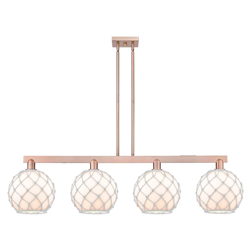 Innovations Lighting Endless Possibilities Arcadia - Farmhouse Rope - 4 Light 53" Stem Hung Island Light - White Glass with White Rope/Antique Copper