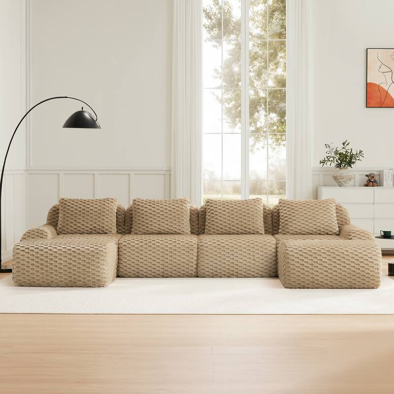Oversized Modular Sectional Sofa with Movable Ottoman, 4 Seat Modern Flannelette Fabric Sofa Set Floor Armrests Sofa