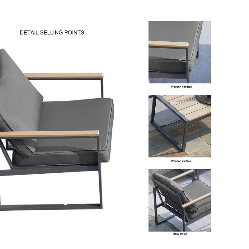 Outdoor 4 Pieces Furniture Sets Modern Iron Patio Conversation Sets Sofa w Grey Cushion Faux Wood Grain Frame Coffee Table