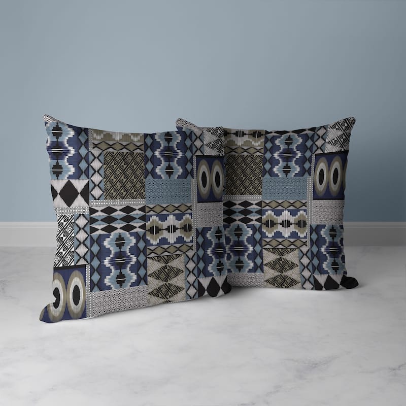 Blue And Brown Patched Perfection Faux Suede Throw Pillow Zipper