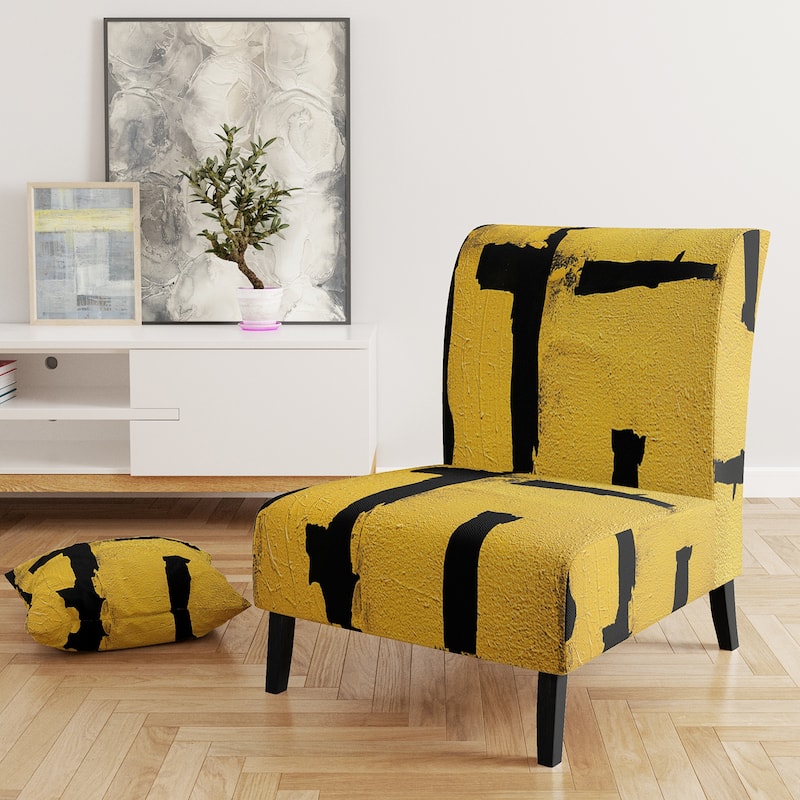 Designart "Glam Dancing Shape I" Upholstered Abstract Accent Chair - Modern Arm Chair For Living Room - Slipper Chair - Yellow & Black