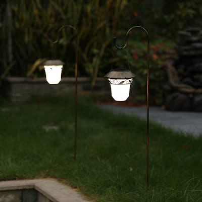 Leaf Solar Plastic Lanterns with Metal Shepherd Hooks (Set of 2)