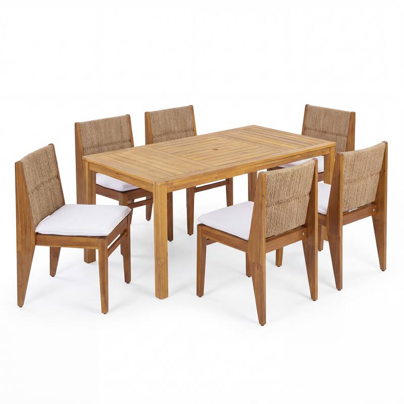 Christopher Knight Home - Modern Acacia Outdoor Dining Set with Cushioned Armless Chairs & 69" Dining Table with Umbrella Hole